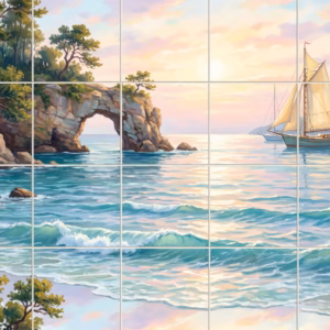 Painting of a coastal cove with a rock arch, sailboats, and a sunset over the sea.