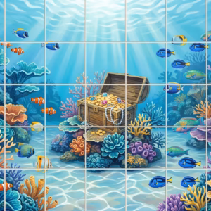 An illustrative underwater scene with a treasure chest, colourful coral, and tropical fish.