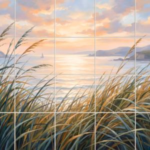 A painterly tile mural of a sunset over the sea viewed through dune grass.