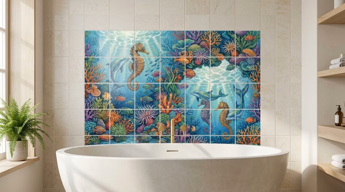 Sea Horse Dolphins - Porcelain Tile Mural - Image 2