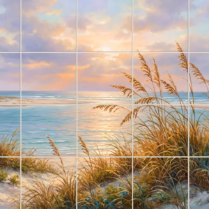 A painterly tile mural of a beach sunset over the ocean from sand dunes.