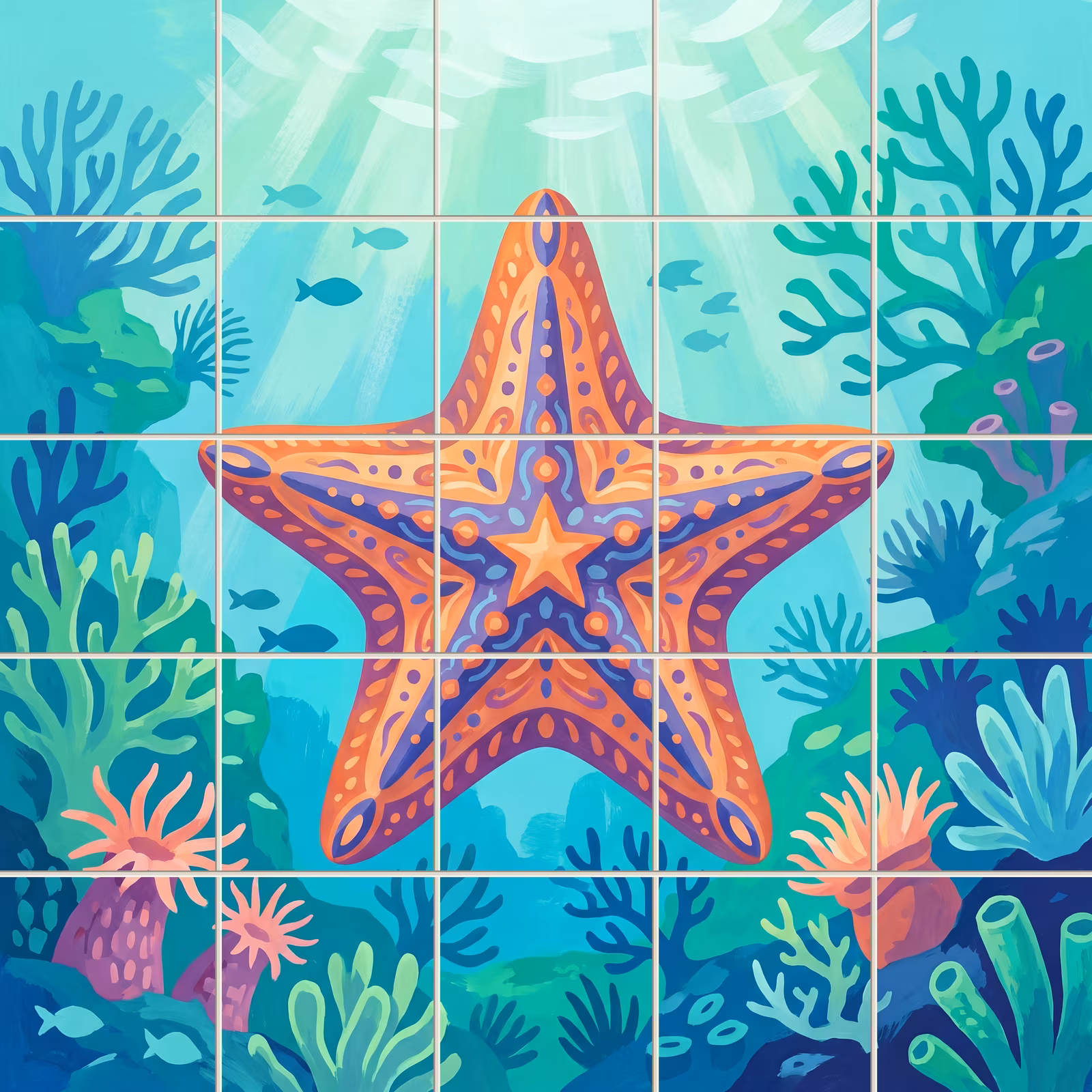 An illustrated underwater scene of a large, patterned starfish on a coral reef.