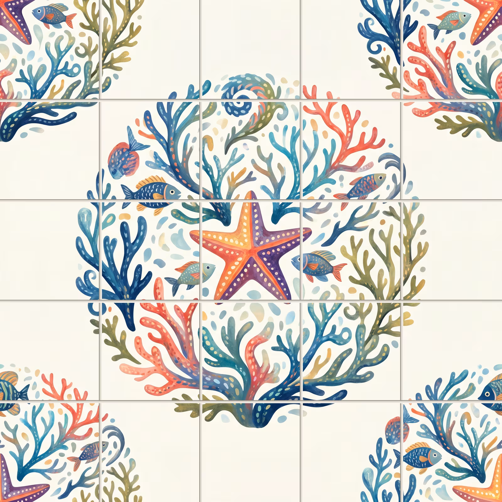A repeating tile pattern of a watercolour coral reef with a central starfish.