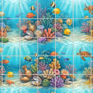 An illustrated underwater scene with a coral reef, colourful fish, and a turtle.