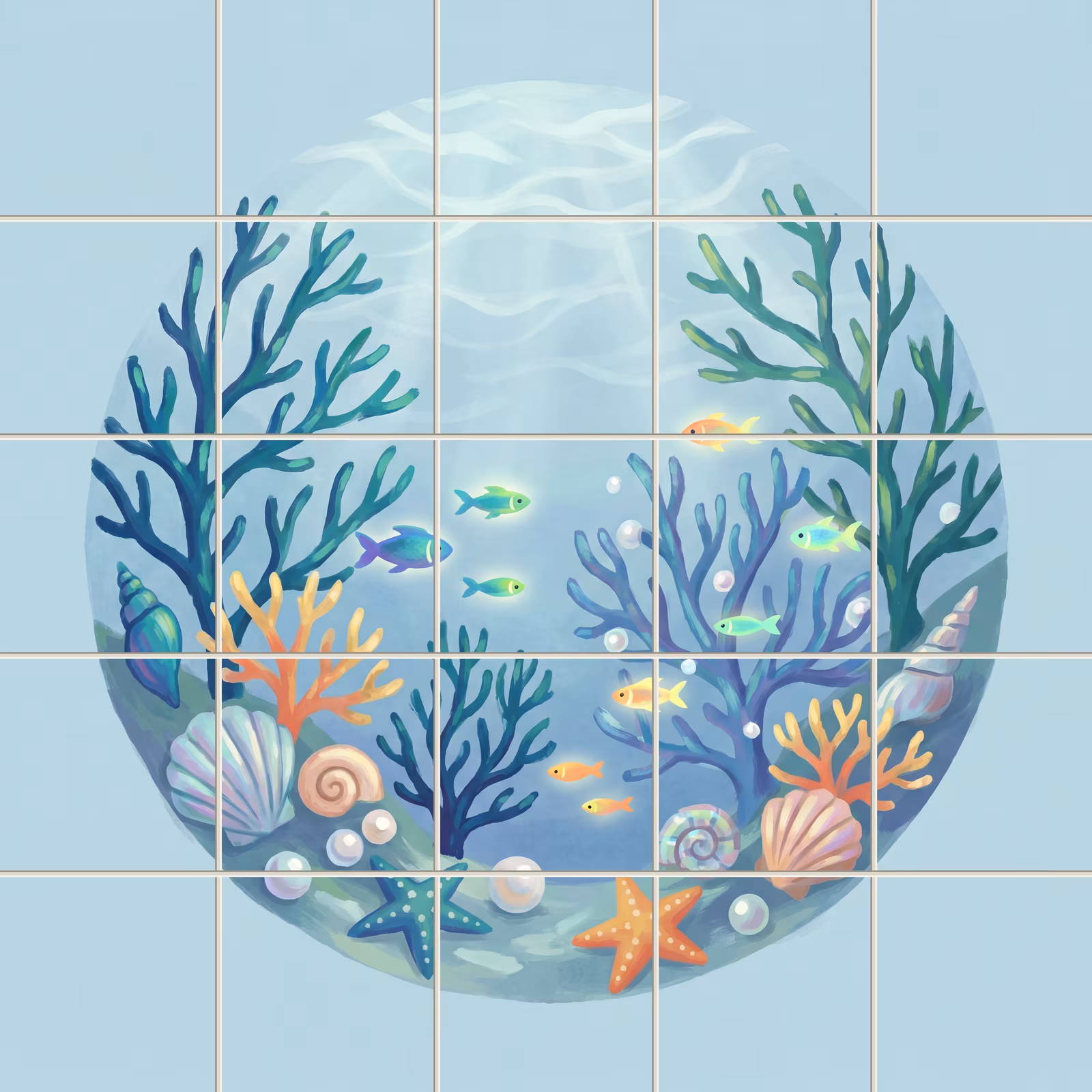 An illustrative tile mural of a colourful underwater scene with coral and fish.