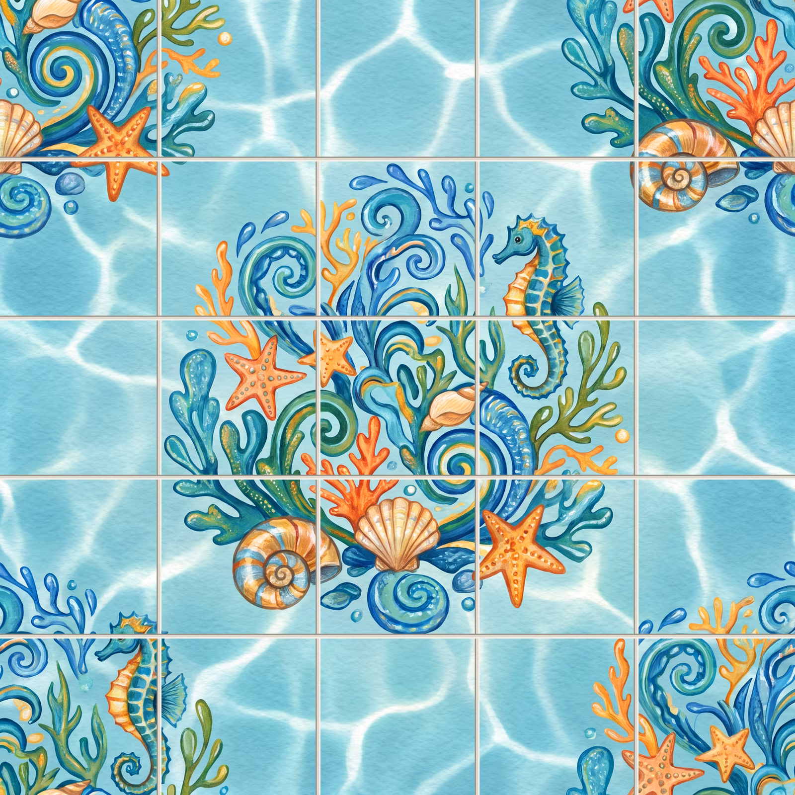 A watercolour tile mural of a seahorse, starfish, and shells on a light blue background.