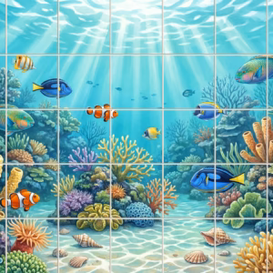 A colourful illustrated tile mural of a coral reef with tropical fish.
