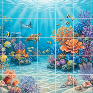 Seashell Square 10 tile mural: a colourful illustrative mural of a coral reef with a sea turtle and fish.