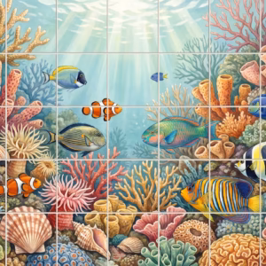 A tile mural of a vibrant coral reef with many colourful tropical fish.