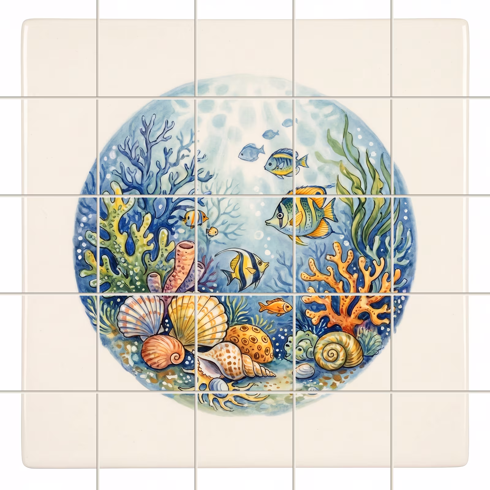 Watercolour mural of a circular underwater scene with tropical fish, coral, and seashells.