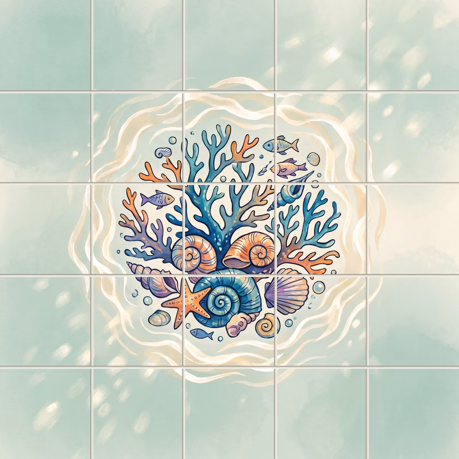 An illustrated mural of coral, seashells, and fish on a pale aqua background.