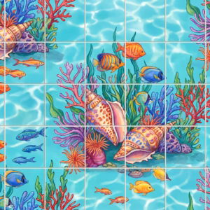 A tile mural of a colourful underwater coral reef with fish and seashells.
