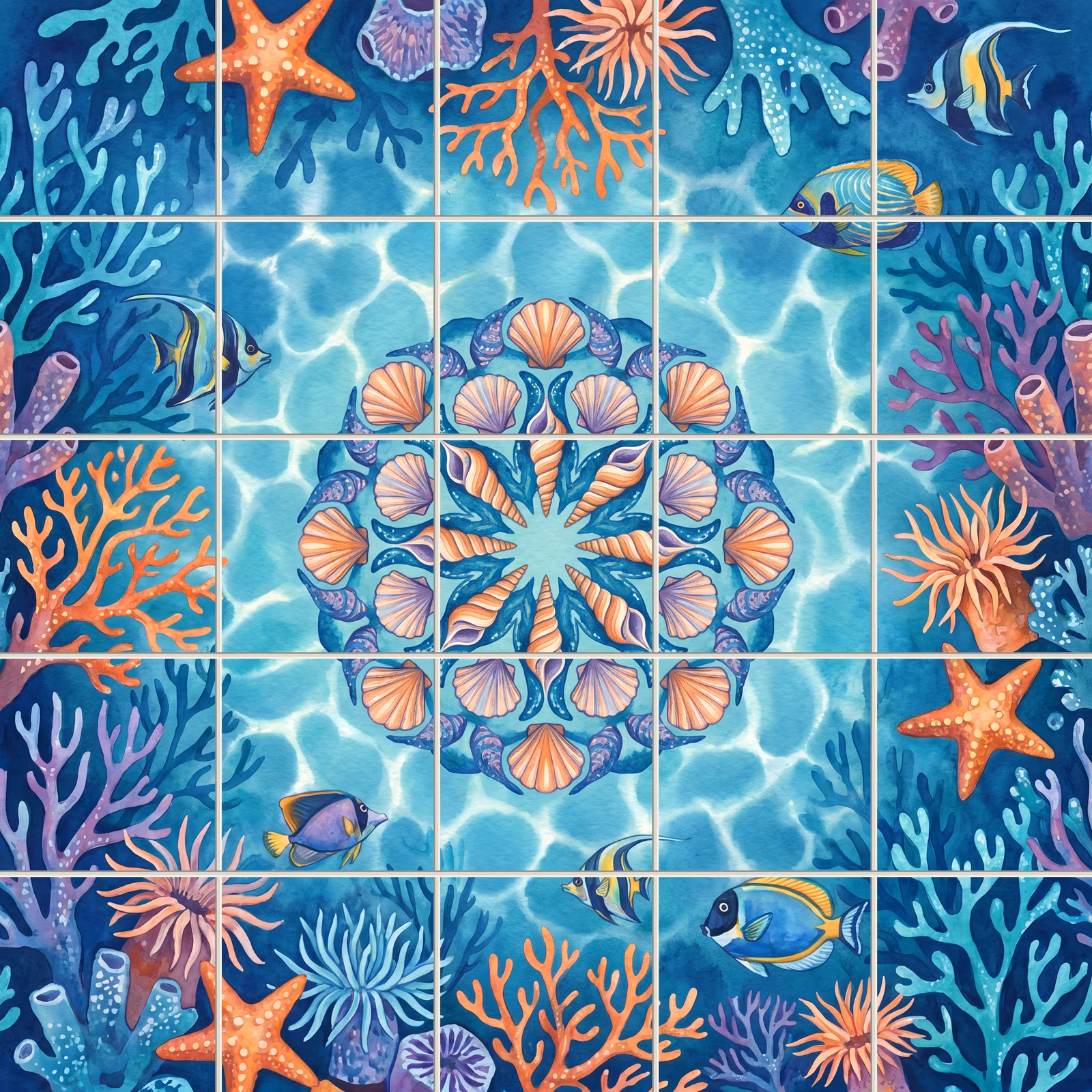 A watercolour tile mural of a coral reef with a central seashell mandala.