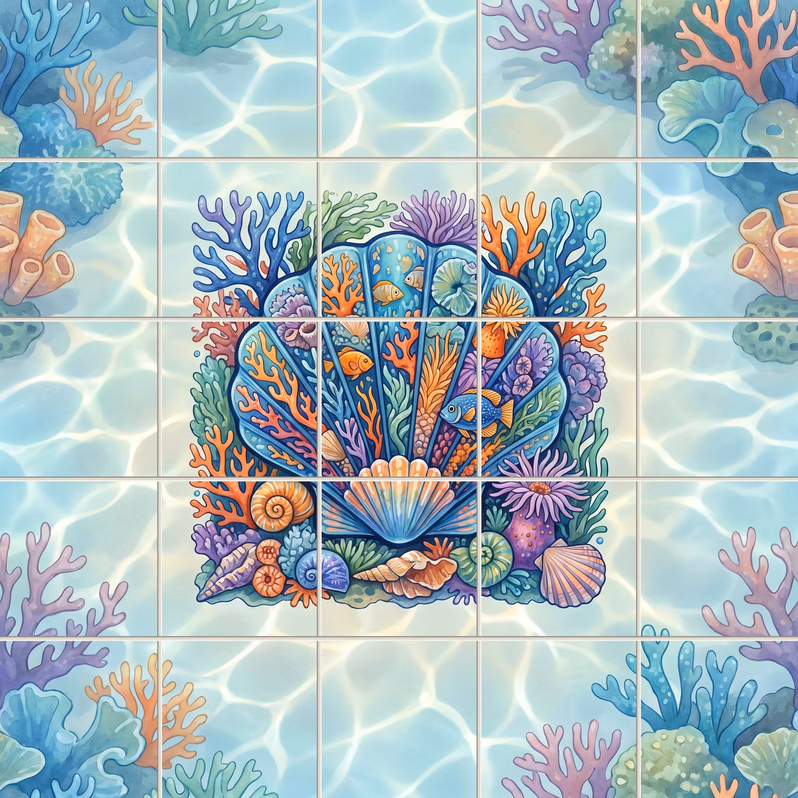 An illustrated tile mural of a clamshell filled with colourful corals and fish.