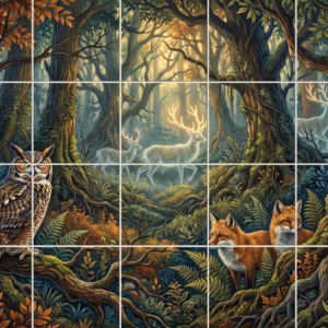 Sentinel Spirits tile mural: an illustrated forest mural with an owl, two foxes, and three spectral deer.
