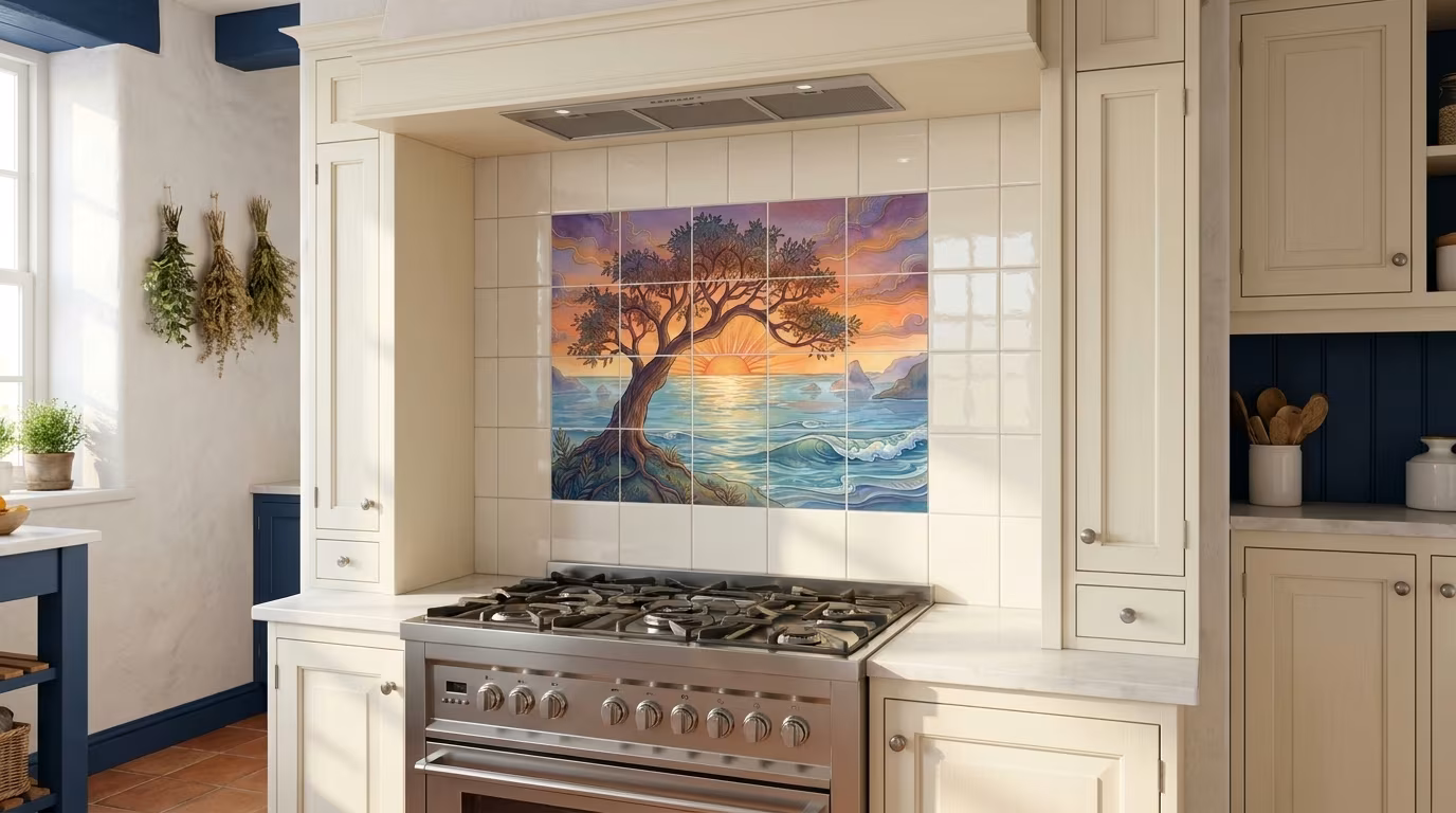 Setting Sun Under Tree tile mural