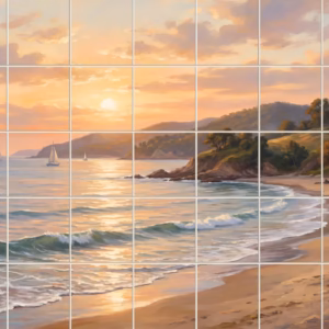 Sexy and I Know It tile mural: painterly mural of a beach at sunset with sailboats on the calm sea.