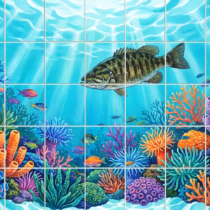 A painted tile mural of a large bass fish swimming above a colourful reef.