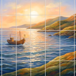 A painted mural of a wooden boat on the sea beside a hilly coast at sunset.