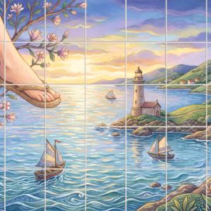 A surrealist tile mural of a giant's foot stepping over a coastal village.