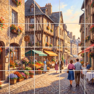 Southern Exposure I tile mural: painting of a bustling, sunlit European market street with flowers and people.
