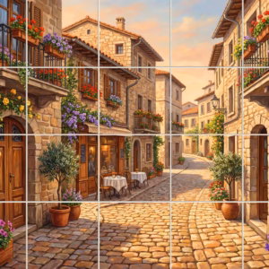 Southern Exposure II tile mural: painting of a sunny, flower-lined cobblestone street in a European village.