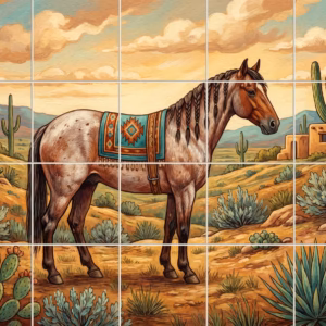 A painted mural of a horse with a braided mane in a desert landscape.