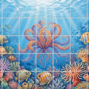 An illustrative tile mural of a colourful coral reef with tropical fish.
