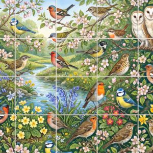 A tile mural of various British birds perched in a spring landscape with flowers.