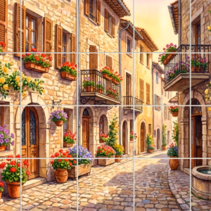 St. Paul de Venice tile mural: watercolour painting of a sunlit European village street with flowers and stone buildings.