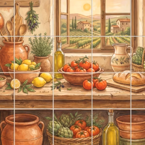 A rustic Italian kitchen scene with fresh food and a view of vineyards.
