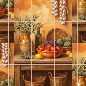 Stilleben tile mural: a painted still life mural of Mediterranean vegetables, fruits, and baskets on shelves.