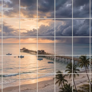 Tile mural of a wooden pier and palm trees at sunset with storm clouds.