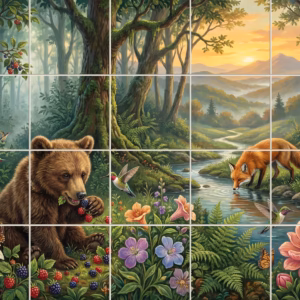 Tile mural of a bear and fox in a sunlit woodland scene.