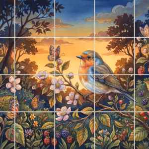 A watercolour style tile mural of a robin on a branch with flowers.