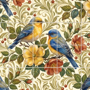 An Arts and Crafts tile mural of two yellow and blue birds among roses.