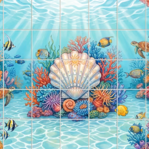 An illustrative ceramic tile mural of a colourful coral reef with fish and turtles.