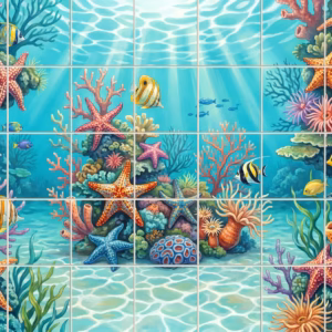 A colourful illustrated tile mural of an underwater coral reef with starfish and fish.