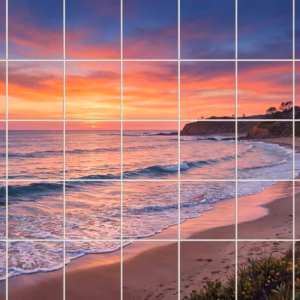 A tile mural of a beautiful beach sunset with orange sky and calm waves.