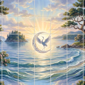 Painted mural of a heron on a crescent moon over a calm sea.