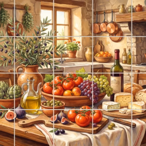 A painterly mural of a rustic kitchen table filled with Mediterranean food.