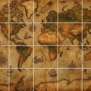 A vintage world map mural on tiles, featuring old sailing ships and sea monsters.