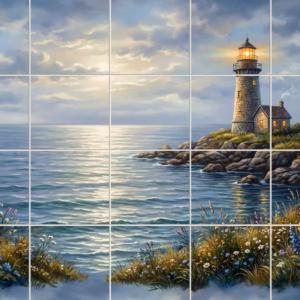 A painterly tile mural of a lighthouse on a rocky coast at dusk.