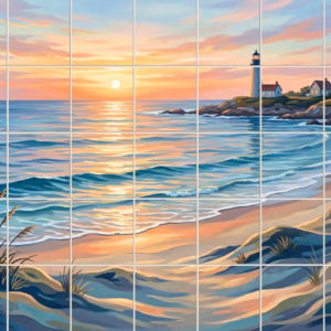 A painted tile mural of a lighthouse and beach at sunset.