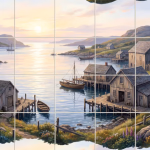 The Whaling Station tile mural: a painterly mural of a coastal fishing village with boats and docks at sunrise.