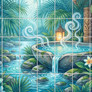 A tile mural of a serene tropical jungle hot spring with lanterns.