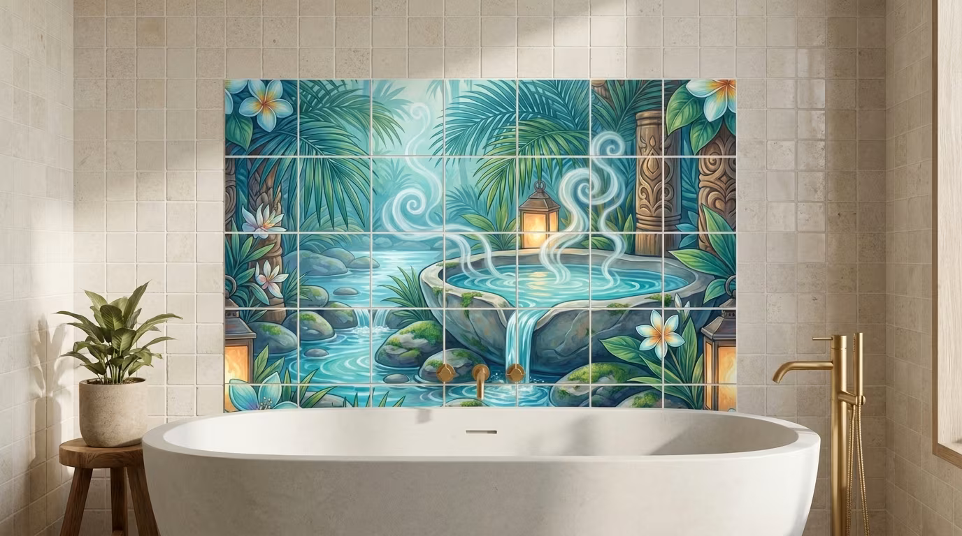 Tropical Bath I tile mural