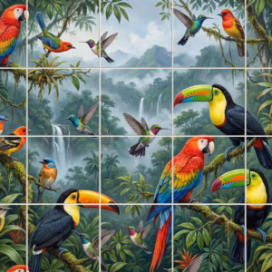 Tile mural of colourful tropical birds like macaws and toucans in a jungle.