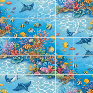 A tile mural of a vibrant coral reef with sea turtles, manta rays, and fish.
