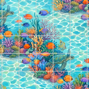 A tiled mural of a colourful coral reef with sea turtles and fish.